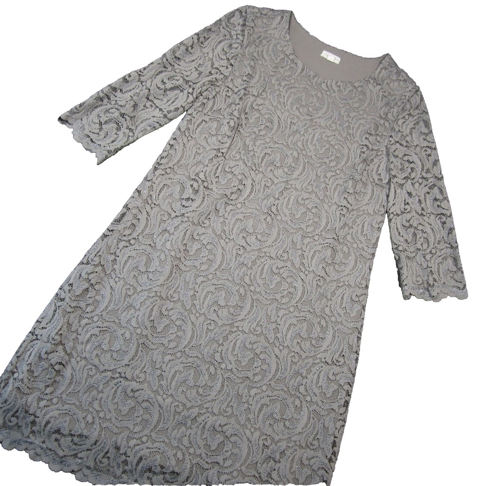Garnet Hill Lace Dress 8 Gray 3/4 Sleeve Lined Formal Wedding Guest Cocktail